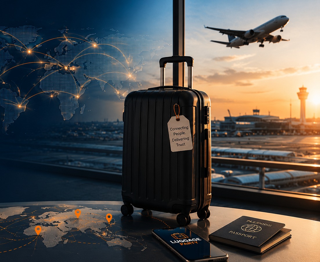 Traveller with backpack and suitcase watching a plane take off through an airport window at sunset